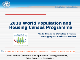 2010 World Population and Housing Census Programme United Nations Statistics Division Demographic Statistics Section  United Nations CensusInfo User Application Training Workshop, Cairo, Egypt, 11-13 October.