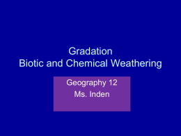 Gradation Biotic and Chemical Weathering Geography 12 Ms. Inden Biotic Weathering • Plant roots work their way into cracks and force rocks to break apart –