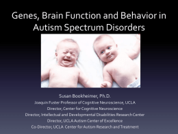 Genes, Brain Function and Behavior in Autism Spectrum Disorders  Susan Bookheimer, Ph.D. Joaquin Fuster Professor of Cognitive Neuroscience, UCLA Director, Center for Cognitive Neuroscience Director,