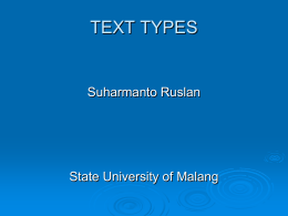 TEXT TYPES  Suharmanto Ruslan  State University of Malang Texts Genre 1.  Dialogue (Interactional)  a) b)  Transactional (to get thing done) Interpersonal (social function)  2.  Monologue  a)  Short Functional Texts Essay  b)