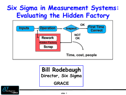 Six Sigma in Measurement Systems: Evaluating the Hidden Factory OK  Inputs  Operation  Inspect  First Time Correct  NOT OK  Rework Hidden Factory  Scrap  Time, cost, people  Bill Rodebaugh  Director, Six Sigma  GRACE slide 1