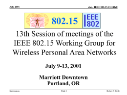 July 2001  doc.: IEEE 802.15-01/342r0  802.15 13th Session of meetings of the IEEE 802.15 Working Group for Wireless Personal Area Networks July 9-13, 2001 Marriott Downtown Portland, OR Submission  Slide.