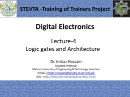 STEVTA -Training of Trainers Project  Digital Electronics Lecture-4 Logic gates and Architecture Dr. Imtiaz Hussain Assistant Professor Mehran University of Engineering & Technology Jamshoro  email: imtiaz.hussain@faculty.muet.edu.pk URL :http://imtiazhussainkalwar.weebly.com/