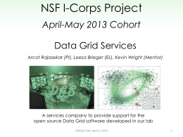 NSF I-Corps Project April-May 2013 Cohort Data Grid Services Arcot Rajasekar (PI), Leesa Brieger (EL), Kevin Wright (Mentor)  A services company to provide support.