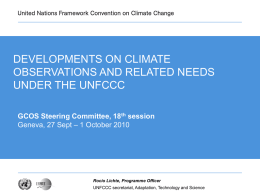 DEVELOPMENTS ON CLIMATE OBSERVATIONS AND RELATED NEEDS UNDER THE UNFCCC GCOS Steering Committee, 18th session Geneva, 27 Sept – 1 October 2010  Rocio Lichte, Programme.