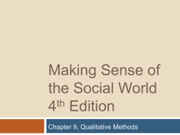 Making Sense of the Social World th 4 Edition Chapter 9, Qualitative Methods What Are the Possible Roles?     Complete observation Mixed participation/observation Complete participation  Chambliss/Schutt, Making Sense of.
