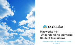 Mapworks 101: Understanding Individual Student Transitions Chelsey Knoespel/Joel Hochstein/Kurt Earnest ASC/DOR Agenda       Foundations of Mapworks The Process Faculty/Staff Dashboard Student Dashboard Search Functions   Hands-On Session: log in a faculty/staff.