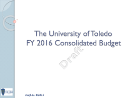 The University of Toledo FY 2016 Consolidated Budget  Draft-4/14/2015 Overview of FY 2015 Budget   FY15 Budget Target $18M    Right sizing budget $4.5M    Administrative Cuts $6M    Main.