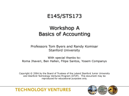 E145/STS173 Workshop A Basics of Accounting Professors Tom Byers and Randy Komisar Stanford University With special thanks to: Roma Jhaveri, Ben Hallen, Filipe Santos, Yosem Companys  Copyright.