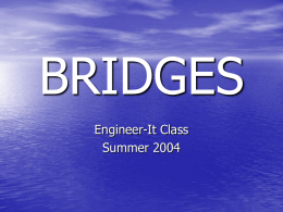 BRIDGES Engineer-It Class Summer 2004 History &bull; Primitive Peoples:  &ndash; Logs &ndash; Slabs of Rocks &ndash; Intertwined Vines or Ropes  &bull; Roman Empire&mdash;First Great Bridge Builders &ndash; Timber.