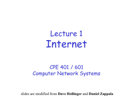 Lecture 1  Internet CPE 401 / 601 Computer Network Systems  slides are modified from Dave Hollinger and Daniel Zappala.