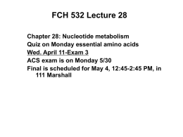 FCH 532 Lecture 28 Chapter 28: Nucleotide metabolism Quiz on Monday essential amino acids Wed.