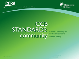 CCB STANDARDS: community  ©2011 Rainforest Alliance  Climate, Community and Biodiversity Standards In-depth training OVERVIEW  Social Reqs  Tools  Auditing  1. Introduction to the CCB Standards social impact requirements 2.