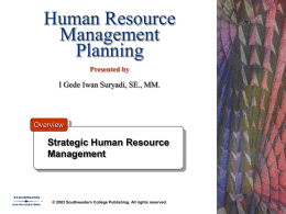 Human Resource Management Planning Presented by  I Gede Iwan Suryadi, SE., MM.  Overview  Strategic Human Resource Management  © 2003 Southwestern College Publishing.