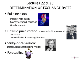 Lectures 22 & 23: DETERMINATION OF EXCHANGE RATES • Building blocs - Interest rate parity - Money demand equation - Goods markets  • Flexible-price version: monetarist/Lucas.
