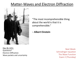 Matter-Waves and Electron Diffraction  “The most incomprehensible thing about the world is that it is comprehensible.” – Albert Einstein  Day 18, 3/31: Questions? Electron Diffraction Wave packets and.