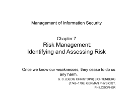 Management of Information Security  Chapter 7  Risk Management: Identifying and Assessing Risk Once we know our weaknesses, they cease to do us any harm. G.