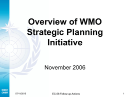 Overview of WMO Strategic Planning Initiative November 2006  07/11/2015  EC-58 Follow-up Actions WMO Coordination Group • Composed of DSG (Chair), D/CER , D/REM, D/WWW, D/CCC, and D/HWR, •