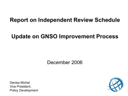 Report on Independent Review Schedule Update on GNSO Improvement Process  December 2006  Denise Michel Vice President, Policy Development.
