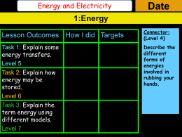 Energy and Electricity  Date  1:Energy Lesson Outcomes How I did Targets Task 1: Explain some energy transfers. Level 5 Task 2: Explain how energy may be stored. Level 6 Task 3: