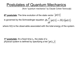 Postulates of Quantum Mechanics (from “quantum mechanics” by Claude Cohen-Tannoudji)  6th postulate: The time evolution of the state vector is governed by the.