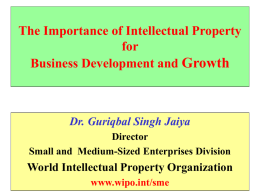 The Importance of Intellectual Property for Business Development and Growth  Dr. Guriqbal Singh Jaiya Director Small and Medium-Sized Enterprises Division  World Intellectual Property Organization www.wipo.int/sme.