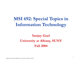 MSI 692: Special Topics in Information Technology Sanjay Goel University at Albany, SUNY Fall 2004  Sanjay Goel, School of Business, University at Albany, SUNY.