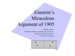 Einstein’s Miraculous Argument of 1905 John D. Norton Department of History and Philosophy of Science Center for Philosophy of Science University of Pittsburgh.