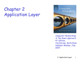 Chapter 2 Application Layer  Computer Networking: A Top Down Approach,  4th edition. Jim Kurose, Keith Ross Addison-Wesley, July 2007.  2: Application Layer.