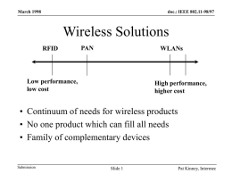 March 1998  doc.: IEEE 802.11-98/97  Wireless Solutions RFID  PAN  WLANs  Low performance, low cost  High performance, higher cost  • Continuum of needs for wireless products • No one product which can.
