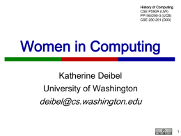 History of Computing CSE P590A (UW) PP190/290-3 (UCB) CSE 290 291 (D00)  Women in Computing Katherine Deibel University of Washington  deibel@cs.washington.edu.
