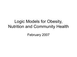 Logic Models for Obesity, Nutrition and Community Health February 2007 Societal policies and processes influencing the population prevalence of obesity INTERNATIONAL FACTORS  Globalization of markets  NATIONAL/ REGIONAL  COMMUNITY LOCALITY  Transport  Public Transport  Urbanization  Public Safety  Health  Health Care  Development Social security Media & Culture  Media programs &