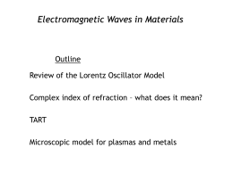Electromagnetic Waves in Materials  Outline Review of the Lorentz Oscillator Model Complex index of refraction – what does it mean? TART Microscopic model for plasmas.