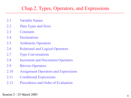 Chap.2. Types, Operators, and Expressions 2.1  Variable Names  2.2  Data Types and Sizes  2.3  Constants  2.4  Declarations  2.5  Arithmetic Operators  2.6  Relational and Logical Operators  2.7  Type Conversations  2.8  Increment and Decrement Operators  2.9  Bitwise Operators  2.10  Assignment Operators and.