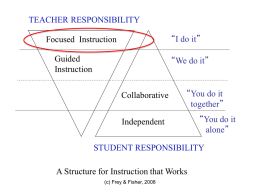 TEACHER RESPONSIBILITY “I do it”  Focused Instruction  Guided Instruction  “We do it”  Collaborative  “You do it together”  Independent  “You do it alone”  STUDENT RESPONSIBILITY A Structure for Instruction that Works (c) Frey & Fisher,
