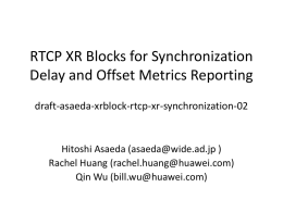 RTCP XR Blocks for Synchronization Delay and Offset Metrics Reporting draft-asaeda-xrblock-rtcp-xr-synchronization-02  Hitoshi Asaeda (asaeda@wide.ad.jp ) Rachel Huang (rachel.huang@huawei.com) Qin Wu (bill.wu@huawei.com)