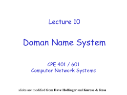 Lecture 10  Doman Name System CPE 401 / 601 Computer Network Systems  slides are modified from Dave Hollinger and Kurose & Ross.