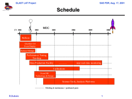 GLAST LAT Project  SAS PDR, Aug. 17, 2001  Schedule  CY 2001  MDC  Balloon GlastSim /G4 Event Display Release Manage  Performance Tuning, Tracking Data Production Facility  &hellip;&hellip;&hellip;.  near real -time monitoring  Calibrations Event DB Technology & Design  Science.