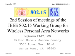 September 1999  doc.: IEEE 802.15-99/055r0  802.15 2nd Session of meetings of the IEEE 802.15 Working Group for Wireless Personal Area Networks September 13-17, 1999 Hilton Hotel, Sonoma.