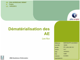 DE : DGA SI/RDES/AE DEMAT A : Public LE : 14/03/2012  Dématérialisation des AE Les flux  DGA Systèmes d’Information  Référence  EMP/FMO/PPT/JAX/00923/1  Clef GED  Modèle  PPT_GEN_DSI V2.0  Version  V2.3  Date  14/03/2012  Etat  Valdié  Auteur(s)  S.CHIKHI  Approbateur(s)