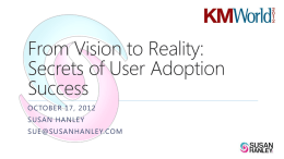 From Vision to Reality: Secrets of User Adoption Success OCTOBER 17, 2012 SUSAN HANLEY SUE@SUSANHANLEY.COM.