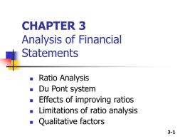 CHAPTER 3 Analysis of Financial Statements       Ratio Analysis Du Pont system Effects of improving ratios Limitations of ratio analysis Qualitative factors 3-1