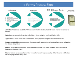 e-Forms Process Flow Submitter  • • • •  Complete e-Form Attach required documentation Submit for approvals Receive email notification with Request ID  Approver  • • •  Receive email to approve e-Form Select link in email Review form.