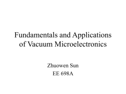 Fundamentals and Applications of Vacuum Microelectronics Zhuowen Sun EE 698A Outline • • • • • •  Introduction Field emission basics Spindt emitters and arrays Beyond Spindt emitters Field emission display Summary.