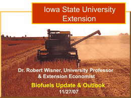 Iowa State University Extension  Dr. Robert Wisner, University Professor & Extension Economist  Dr. Robert Wisner: Grain Outlook Biofuels Update & Outlook 3/15/06 11/27/07