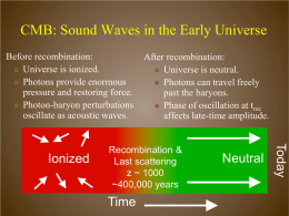 CMB: Sound Waves in the Early Universe Before recombination:  Universe is ionized.  Photons provide enormous pressure and restoring force.  Photon-baryon perturbations oscillate as.