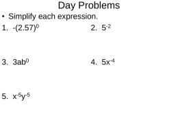 Day Problems • Simplify each expression. 1. -(2.57)0 2. 5-2  3. 3ab0  5. x-5y-5  4. 5x-4