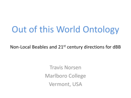 Out of this World Ontology Non-Local Beables and 21st century directions for dBB  Travis Norsen Marlboro College Vermont, USA.