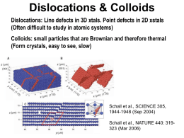 Dislocations & Colloids Dislocations: Line defects in 3D xtals. Point defects in 2D xstals (Often difficult to study in atomic systems)  Colloids: small.