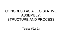 CONGRESS AS A LEGISLATIVE ASSEMBLY: STRUCTURE AND PROCESS Topics #22-23 Congress as a Legislative Assembly • Thus far we have looked at external relationships of Congress,